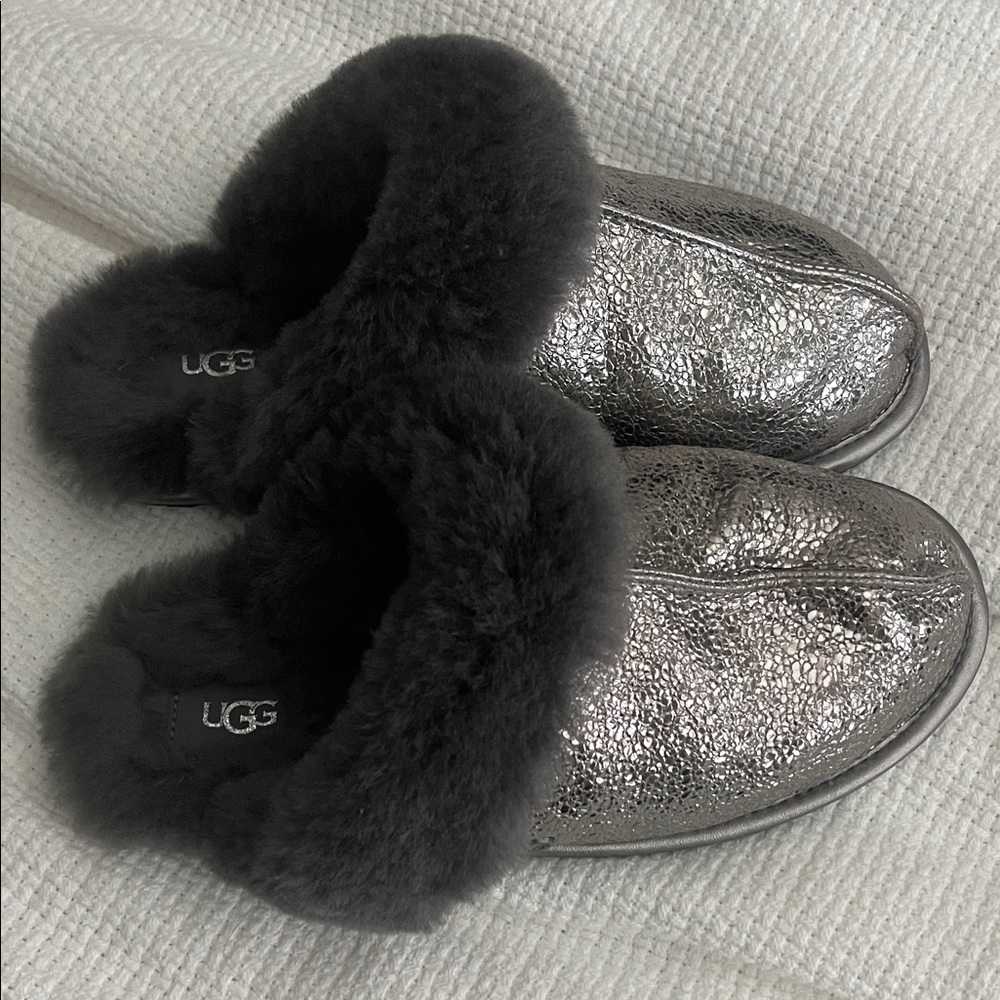 UGG Metallic Silver Slippers with Dark Gray Fur